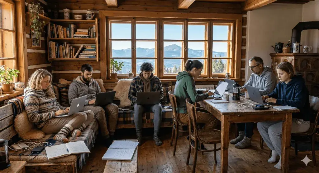 Tým na noteboocích v dřevěné chatě s výhledem na hory — firemní AI retreat