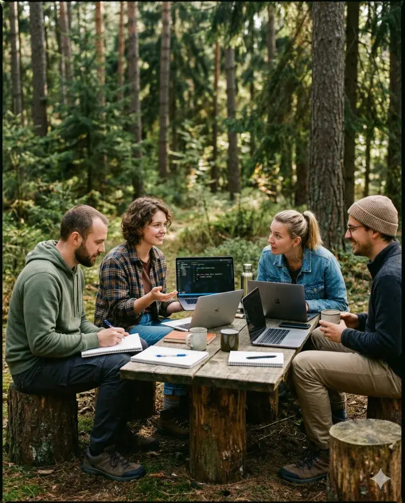AI workation outdoors — team with laptops coding at a wooden table in the forest