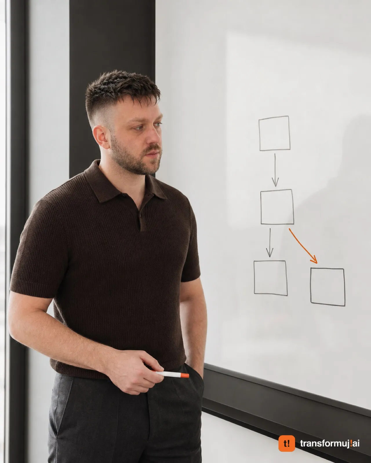 A man at a whiteboard with a diagram drawn on it