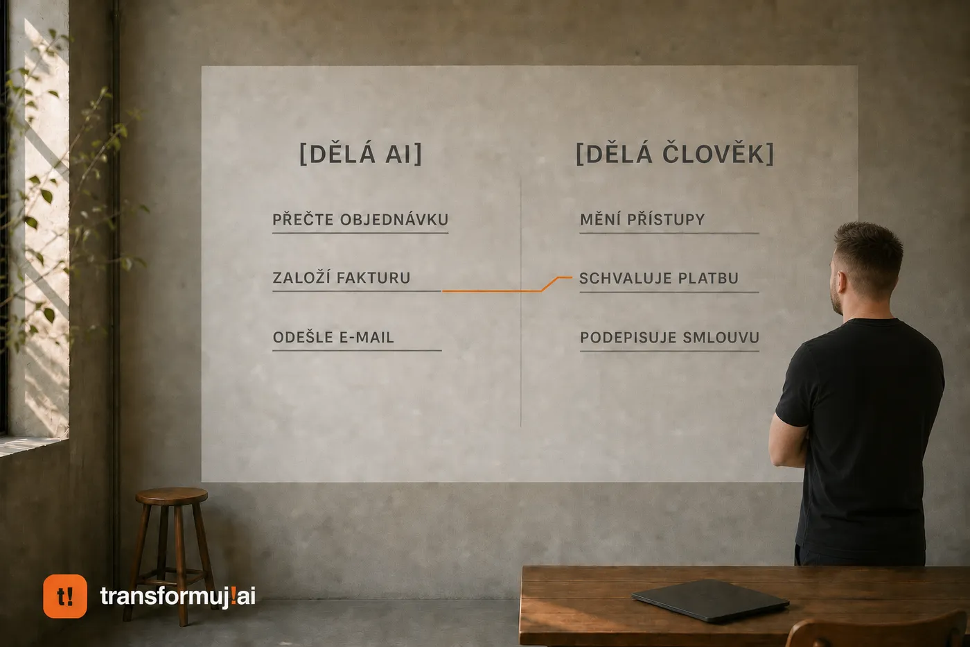 A man in front of a wall showing the division of tasks: the AI reads an order, creates an invoice and sends an email, the human changes access rights, approves the payment and signs the contract