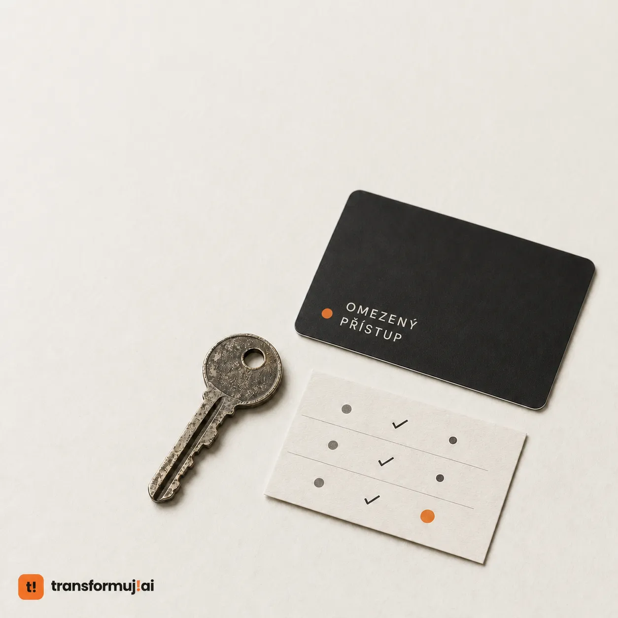 A key and a card saying Restricted access next to a table with ticked rules
