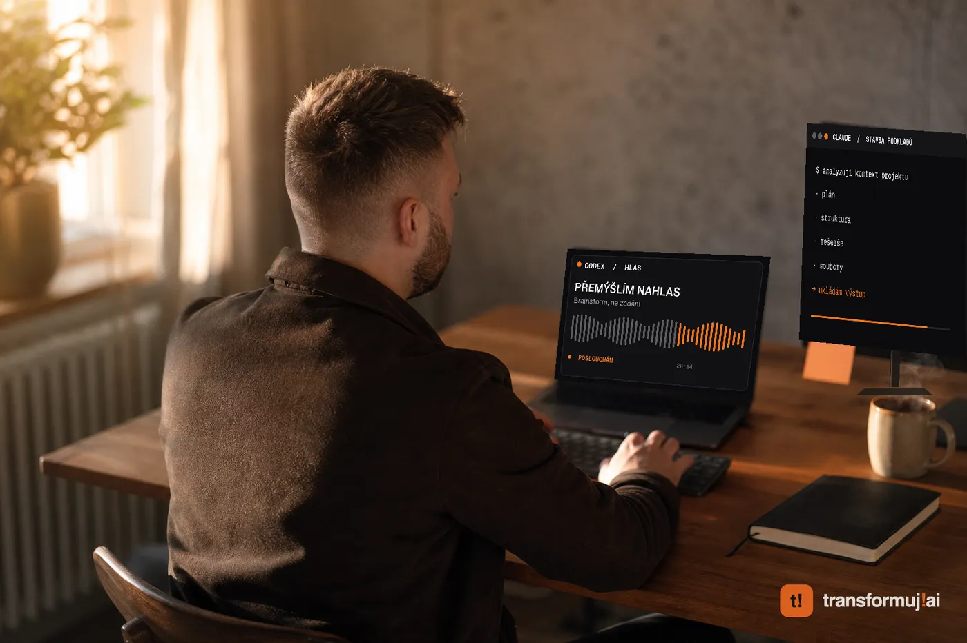 Two windows side by side, one with a voice transcript and the other with a build