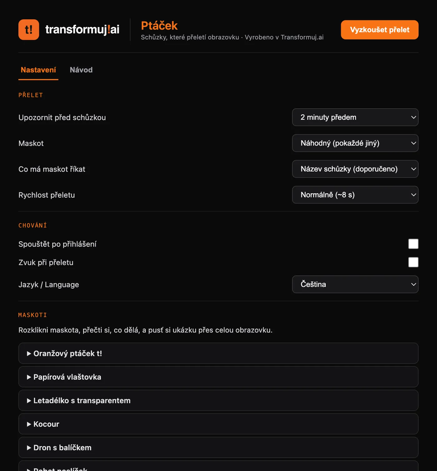 The settings of the Ptáček app