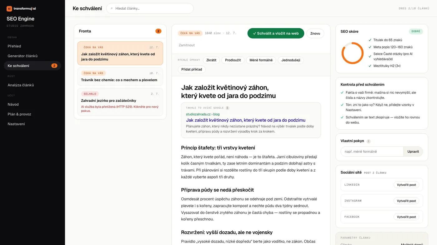 Schvalování článku před vložením na web s SEO skóre a kontrolou před schválením