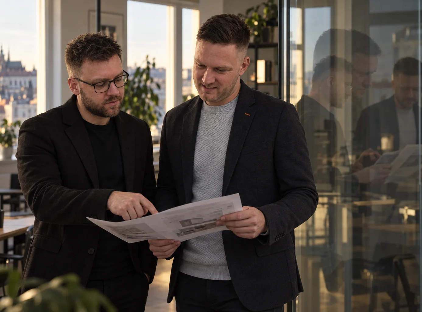 Tomáš Neumann und Jakub Liška über einer Zeichnung im Büro mit Blick auf die Prager Burg